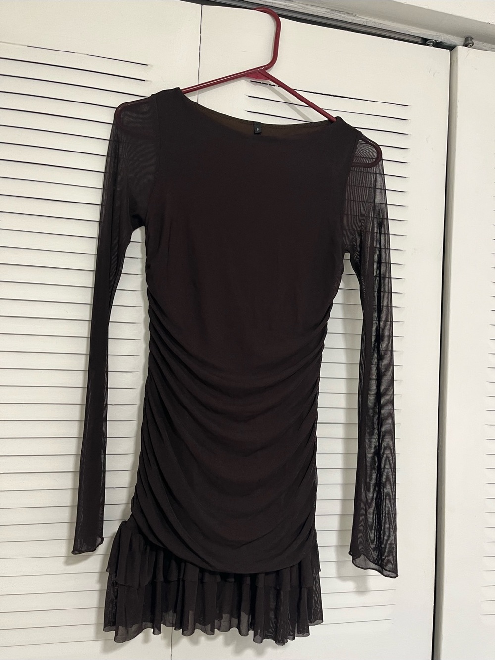 Long-Sleeve Brown Ruched Mesh Hem Dress